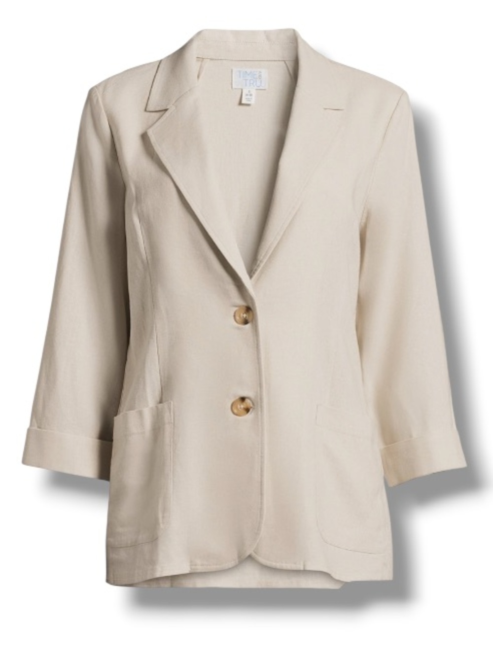 Time and Tru Women’s Cream Beige Linen-Blend Button Front Blazer Patch Pockets